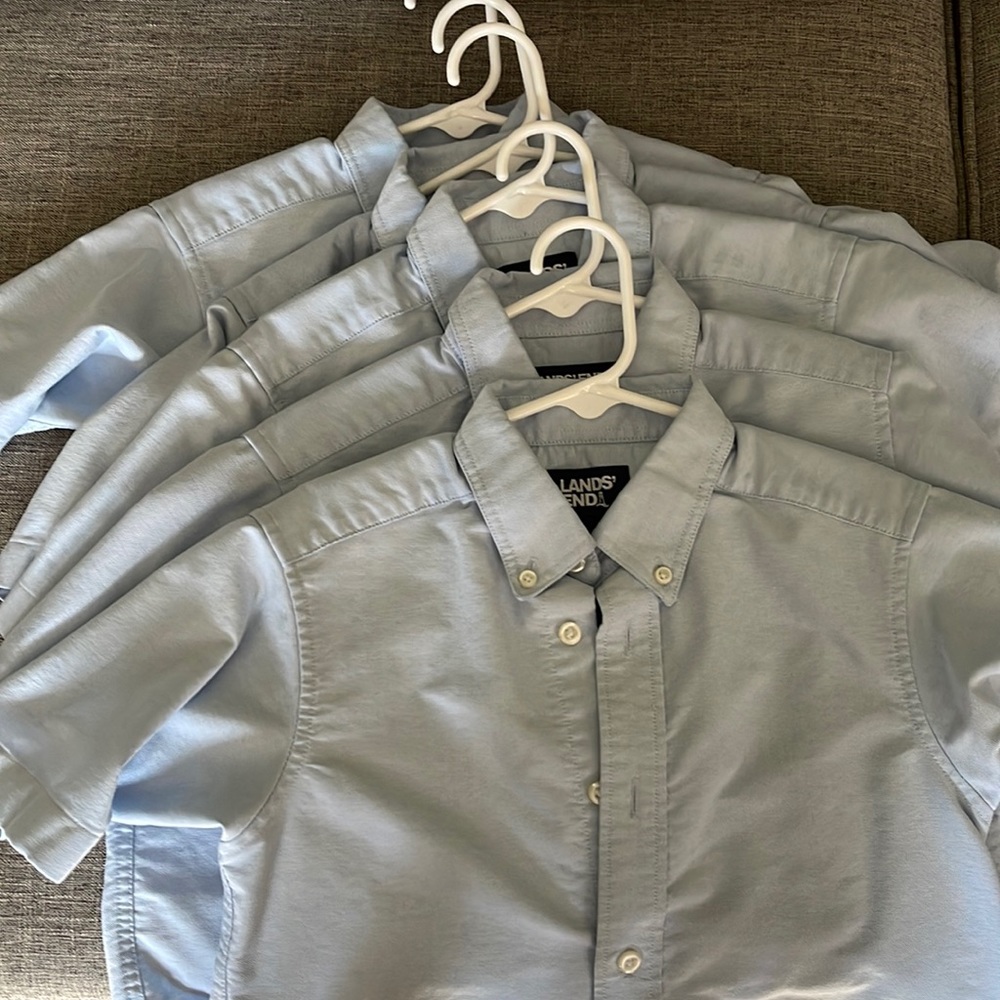 4 light blue Lands End boys short sleeve school uniform shirts -GUC